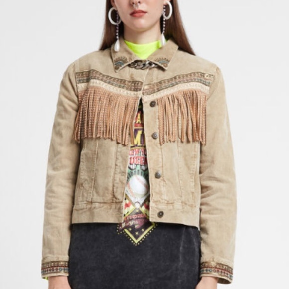 Desigual Western Fringe Embroidered Corduroy Jacket NWOT Boho Fleece lined - Picture 4 of 15